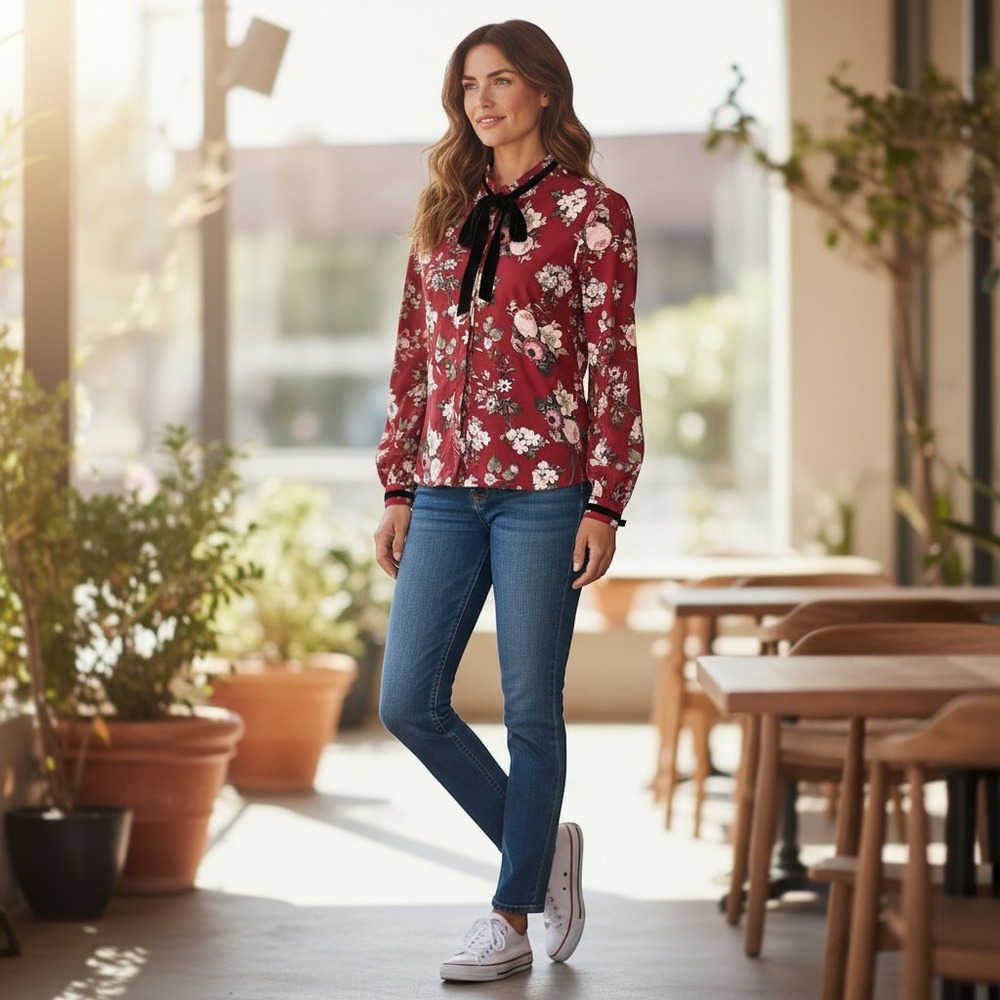 Vertiche Women's Burgundy Floral Semi-Sheer Long Sleeve Blouse Size Small